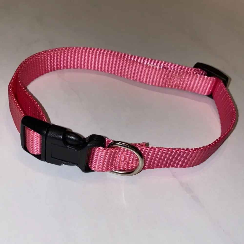 Pink pet collar, adjustable sizing, bright pink, black closure, .5” wide dog cat